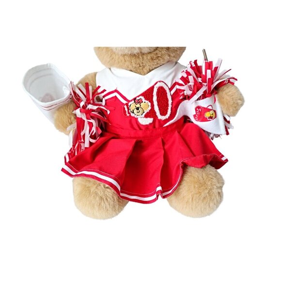 Vintage Build A Bear Cheerleader Bear Red White Cheer Outfit Pom Poms Megaphone - Picture 4 of 6